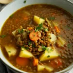 Bowl of easy lentil potato soup garnished with fresh herbs