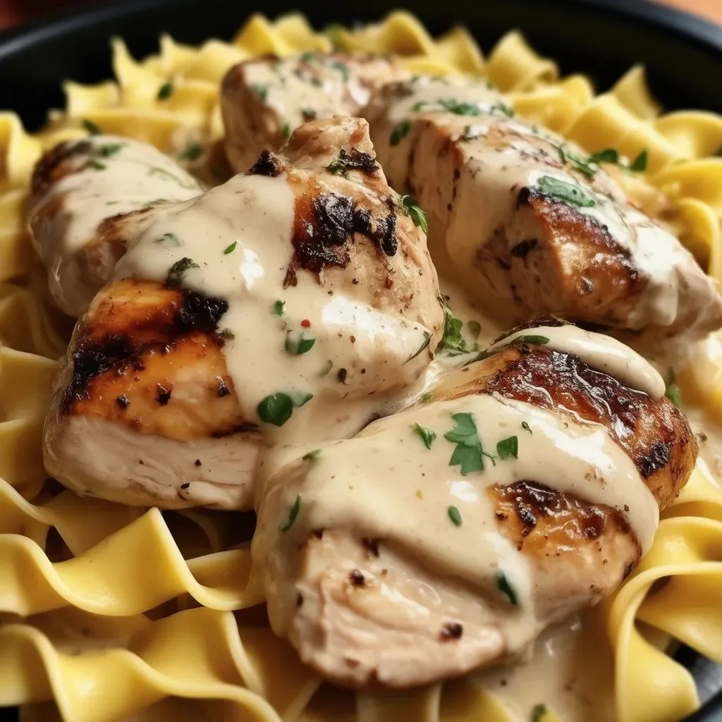 Easy skillet chicken served with buttered noodles in a rustic pan.