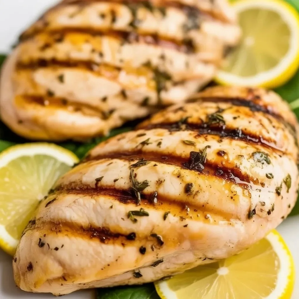 Grilled Lemon Herb Chicken Breasts garnished with herbs on a plate