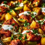 Harissa Chicken served with leeks, potatoes, and yogurt in a colorful dish