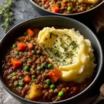Bowl of hearty lentil stew with creamy mashed potatoes topped with herbs