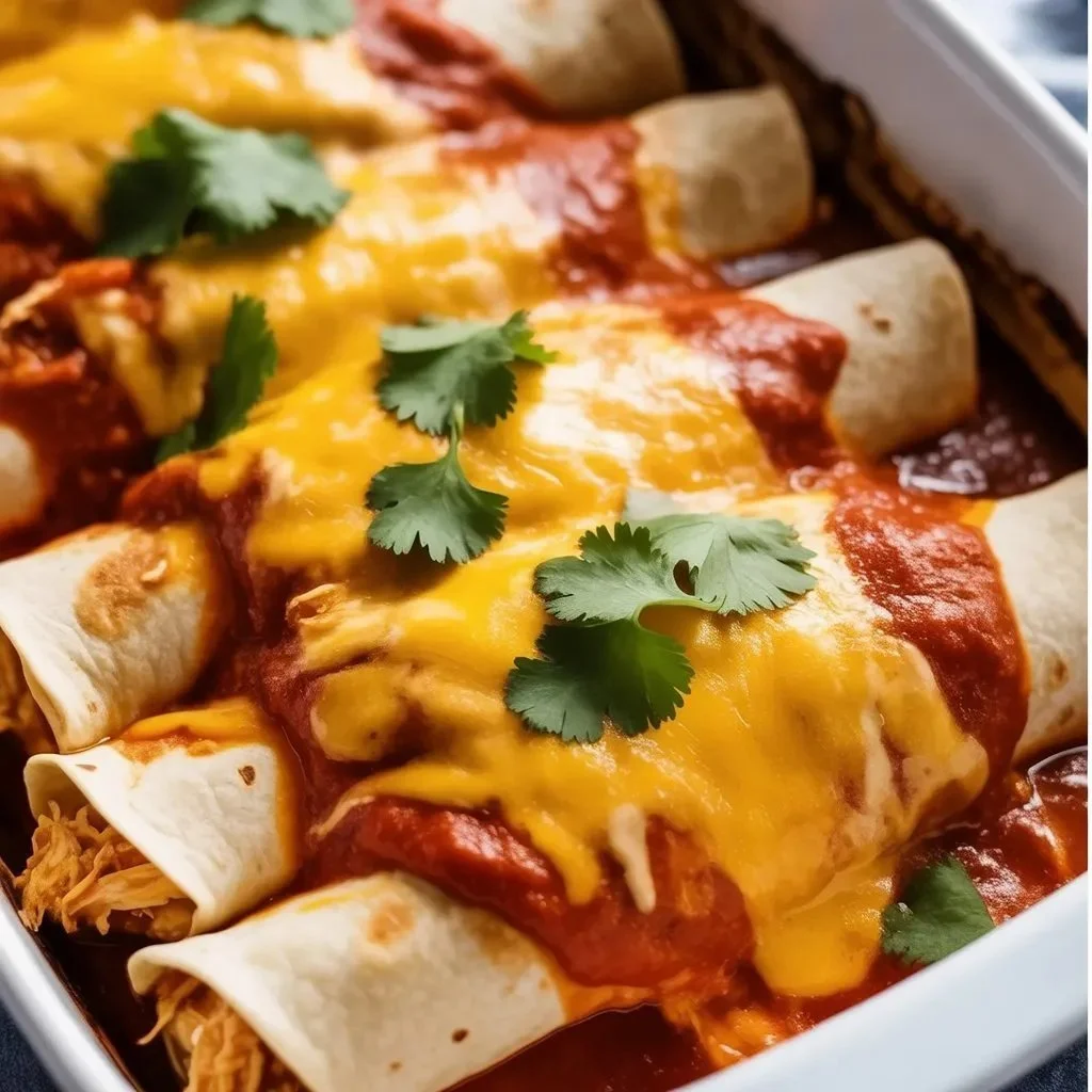 Plate of homemade easy chicken enchiladas topped with sauce and cheese