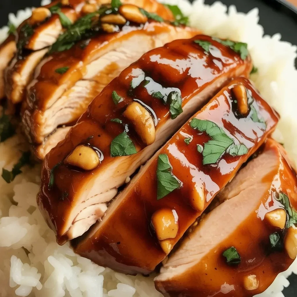 Honey mustard chicken breast served with vegetables on a plate
