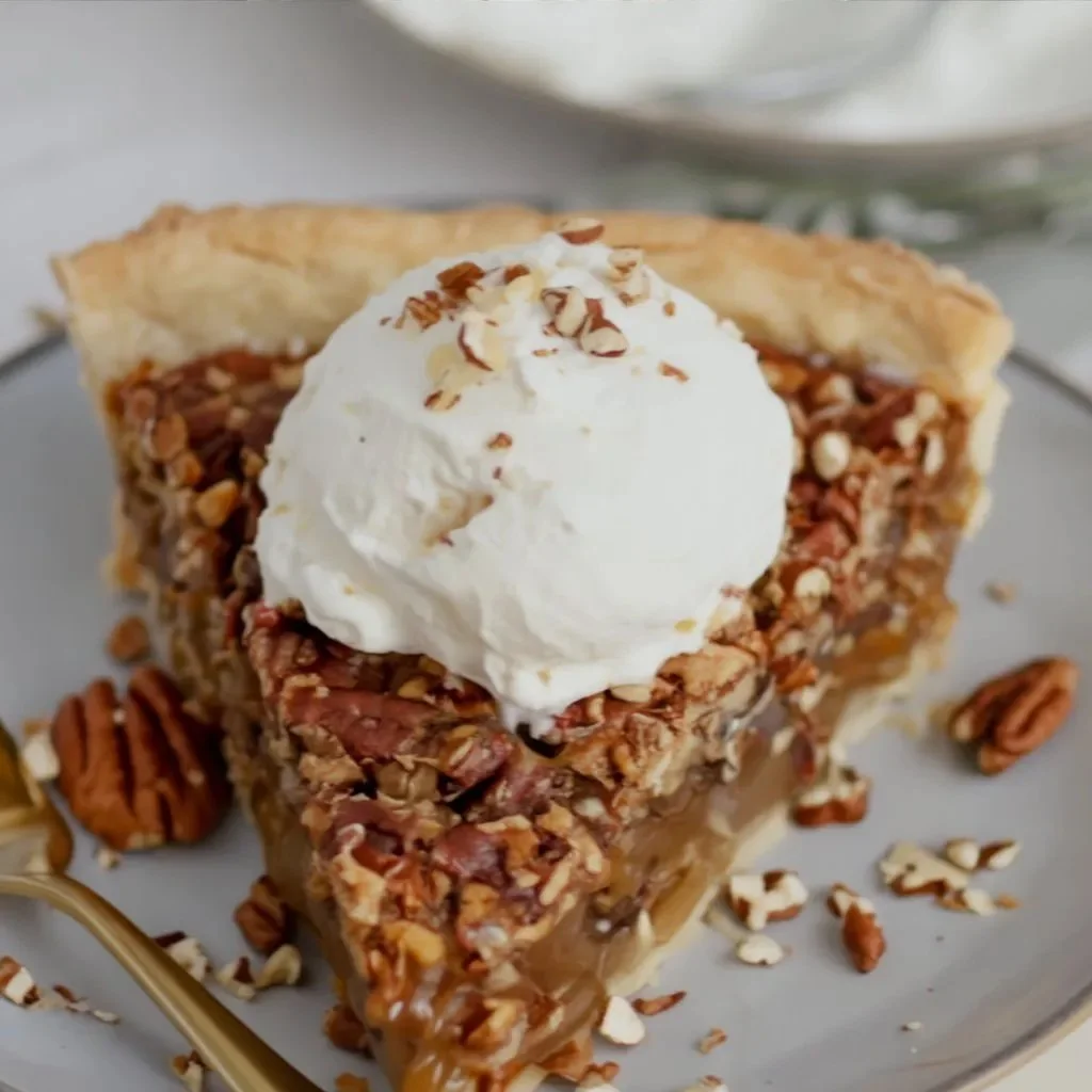 Maple pecan pie with brown sugar crust on a wooden table.