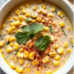 Bowl of creamy Mexican street corn soup garnished with cilantro and lime