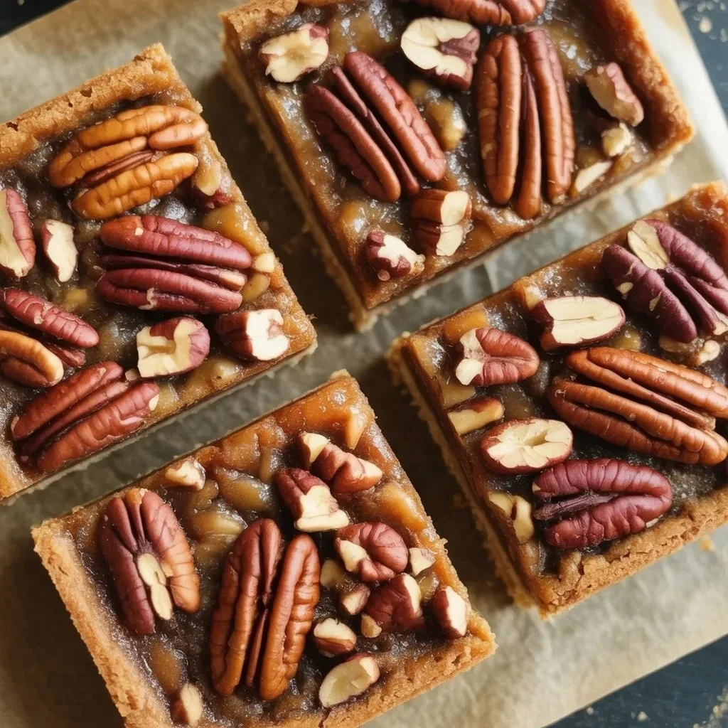 No-bake pecan pie bars topped with honey for a delicious dessert