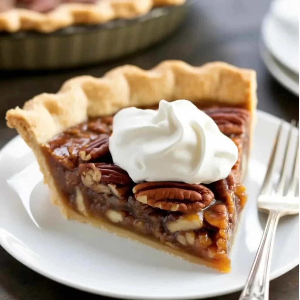 Slice of old-fashioned buttery pecan pie on a wooden table