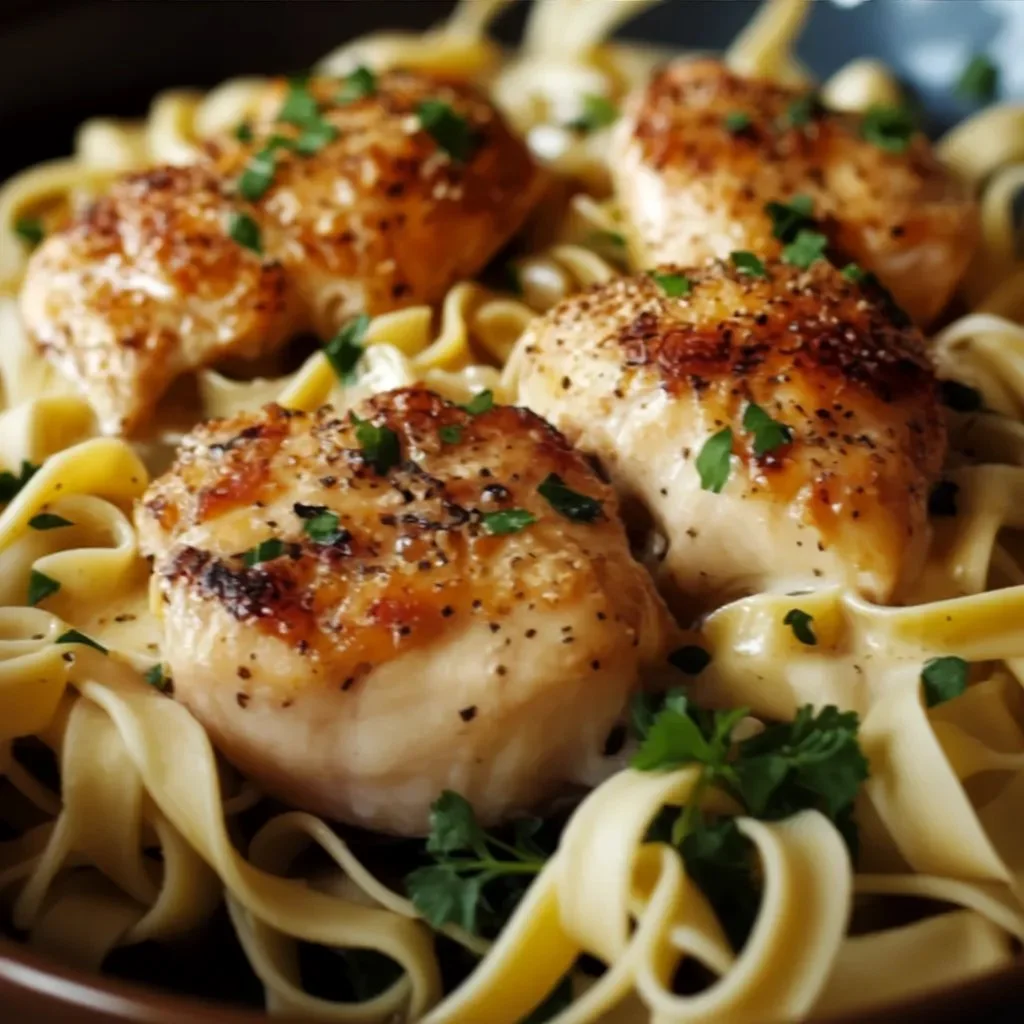 One-Pan Garlic Butter Chicken with Noodles served on a plate