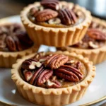 Delicious pecan tart bites with a buttery crust on a wooden plate