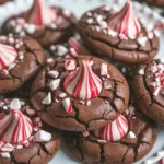 Peppermint Chocolate Blossom Cookies topped with a chocolate kiss