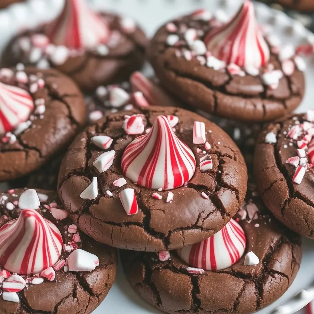 Peppermint Chocolate Blossom Cookies topped with a chocolate kiss
