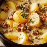 Bowl of creamy Potato and Sausage Chowder garnished with herbs