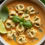A bowl of Red Curry Pot Sticker Soup garnished with fresh herbs and spices.