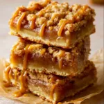 Delicious salted caramel apple pie bars topped with rich caramel sauce