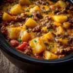 Slow Cooker Cowboy Casserole in a bowl with toppings
