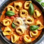 Bowl of slow cooker creamy tomato basil tortellini soup garnished with fresh basil.