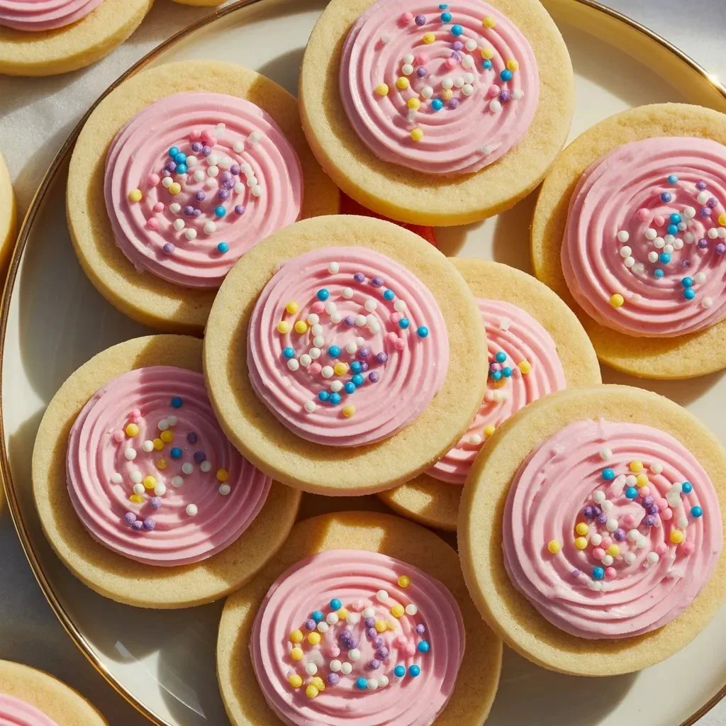 Sugar cookie cups topped with frosting and colorful sprinkles