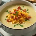 A bowl of creamy loaded potato soup topped with bacon, cheese, and green onions.