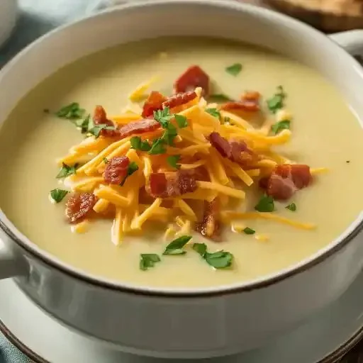 A bowl of creamy loaded potato soup topped with bacon, cheese, and green onions.