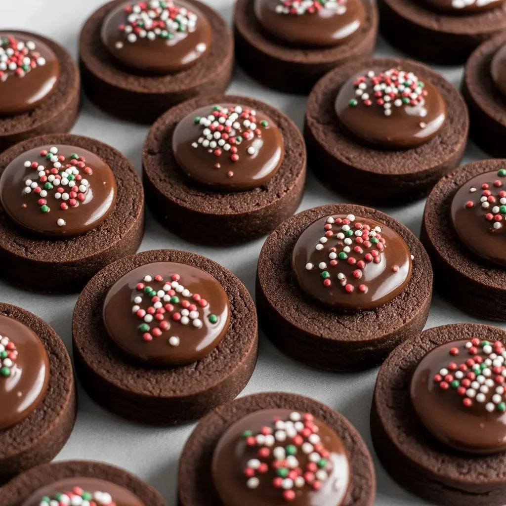 Decorated thumbprint Christmas cookies with colorful icing and sprinkles