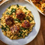 Plate of Tuscan Chicken Meatballs served with Orzo pasta and fresh herbs