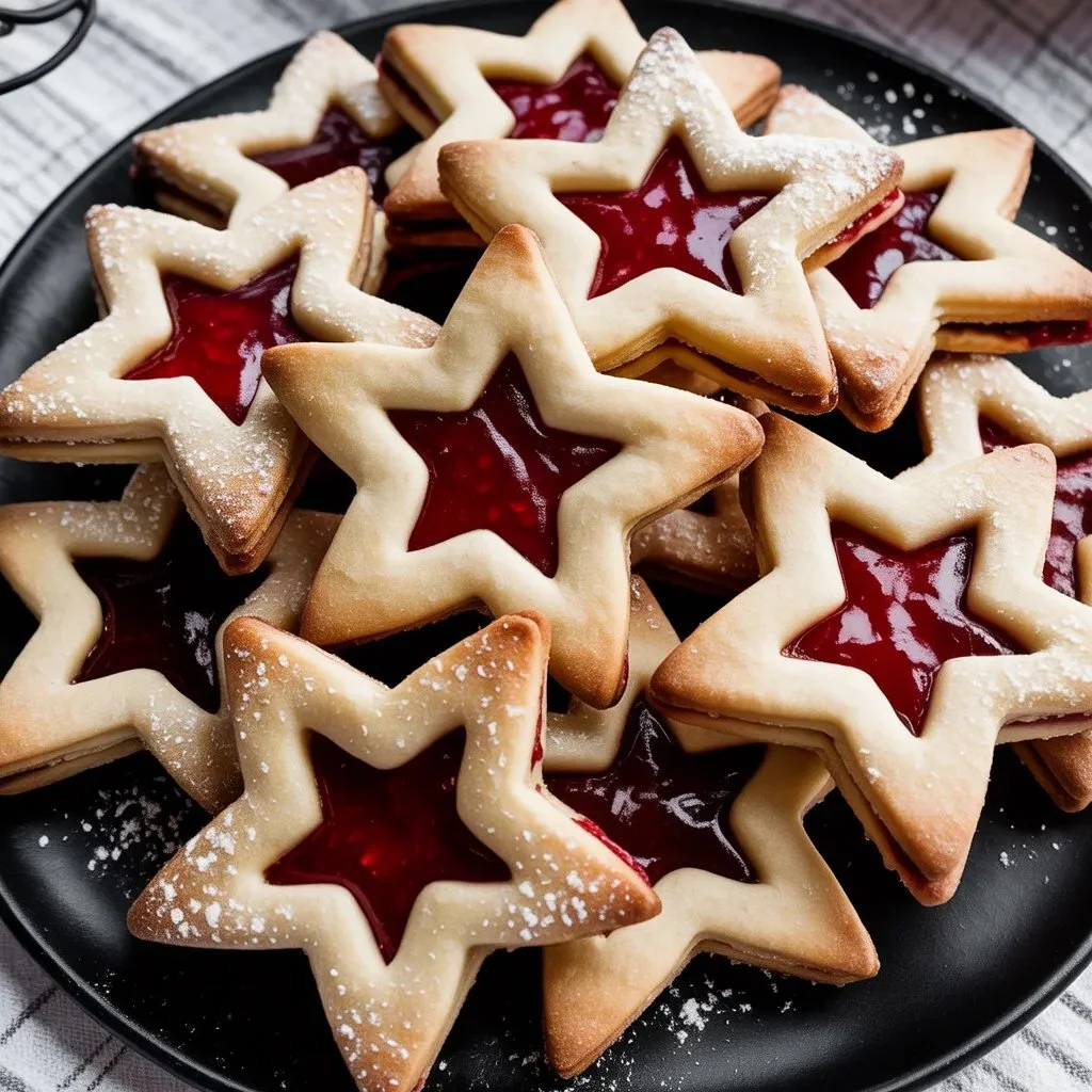 Delicious white chocolate dipped gingerbread stars on a festive plate.
