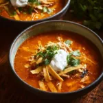 Bowl of authentic chicken tortilla soup topped with crispy tortilla strips and cilantro