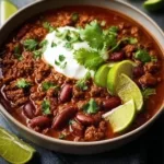Bowl of hearty beef and bean chili topped with cheese and cilantro.