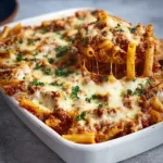 Delicious Beefy Baked Ziti served in a bowl, perfect for family meals.