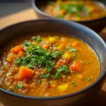 Bowl of creamy carrot lentil soup garnished with herbs