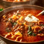 Bowl of rich and hearty lasagna soup topped with cheese and fresh herbs