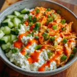 Buffalo Chicken Cottage Cheese Bowl with fresh ingredients and vibrant colors
