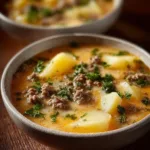 Bowl of cheesy hamburger potato soup with fresh herbs and toppings