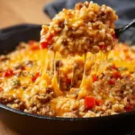 Cheesy queso beef rice dish served in a bowl, showcasing comfort food delight.