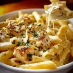 Delicious Chicken Alfredo Ziti casserole topped with melted cheese and herbs.