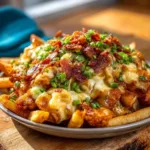 Delicious Chicken and Cheese Poutine topped with gravy and fresh ingredients.