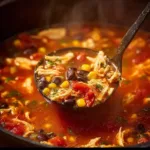 Bowl of delicious Chicken Tortilla Soup topped with crispy tortillas and avocado