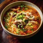 Bowl of Chinese-inspired chicken noodle soup with vegetables and noodles
