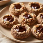Chocolate hazelnut thumbprint cookies on a plate