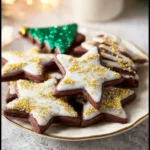 Delicious chocolate sugar Christmas cookies decorated with festive icing