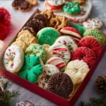 Delicious Christmas cookie box featuring 12 festive recipes for holiday baking.