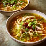 Bowl of Classic Ginger Garlic Chicken Noodle Soup with fresh ingredients
