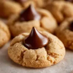 Classic Peanut Butter Blossoms cookies topped with chocolate kisses