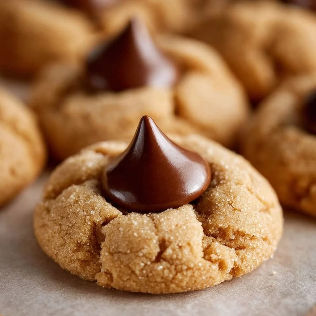Classic Peanut Butter Blossoms 3 Classic Peanut Butter Blossoms cookies topped with chocolate kisses