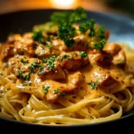 Delicious Cowboy Butter Chicken Linguine topped with herbs and spices