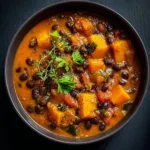 Warm and hearty cozy vegan stew filled with colorful vegetables and spices.