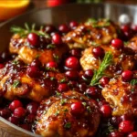 Plate of Cranberry Orange Chicken garnished with fresh herbs