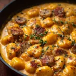 Plate of creamy butternut squash gnocchi with sausage garnished with herbs