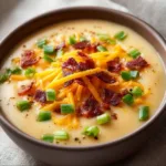 Bowl of creamy cheesy potato soup topped with chives and shredded cheese