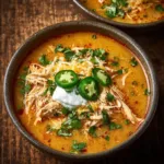 Bowl of creamy chicken enchilada soup topped with cheese and cilantro
